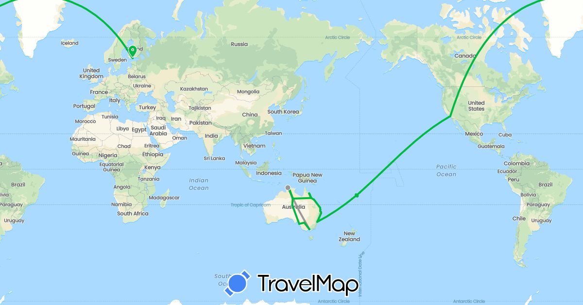 TravelMap itinerary: driving, bus, plane in Australia, Finland, Fiji, United States (Europe, North America, Oceania)